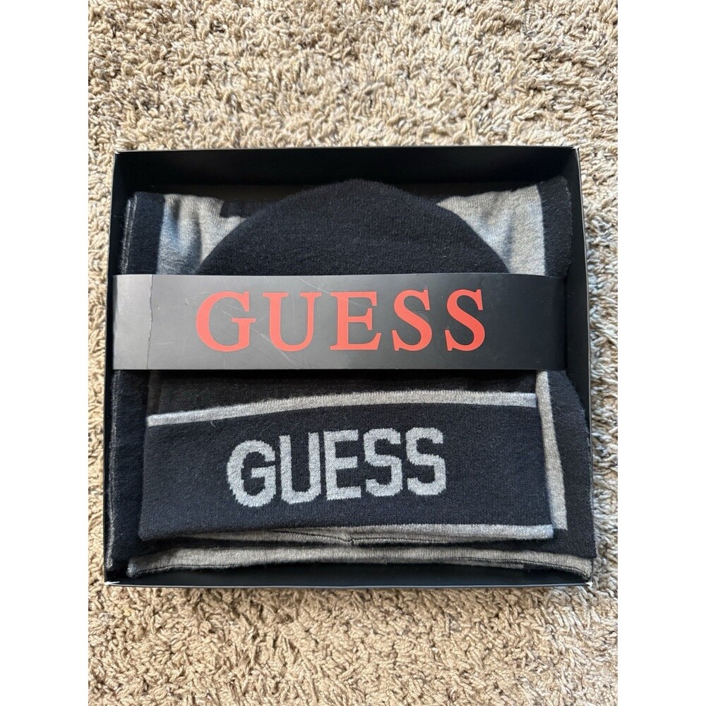 GUESS Men’s Scarf & Beanie Gift Set Black Gray Jacquard Logo One Size NWT